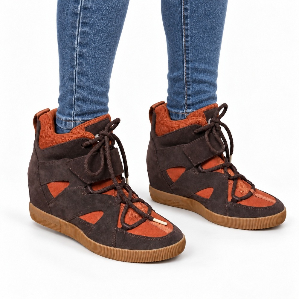 Sorel Kinetic Impact Conquest Women 8 Brown Orange Suede Wedge Sneaker NL4928